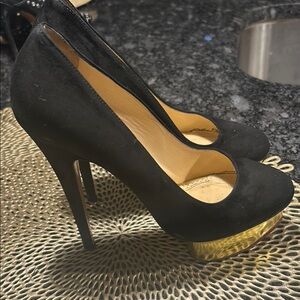 Charlotte Olympia Black and Gold Peep-Toe Heels